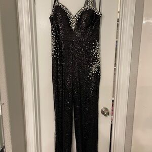 Glamorous Black and White Sequin Jumpsuit with Plunging Neckline